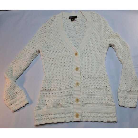 Eddie Bauer Sweaters - Eddie Bauer Cream 100% Cotton Knit L/S Cardigan Sweater Button Front Size TL